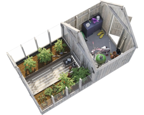 Gewächshaus mit Pflanzen, Gartenwerkzeugen und Fahrrädern