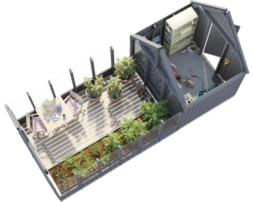 Dachansicht eines Gartenhauses mit Terrasse, Garten und Geräteschuppen