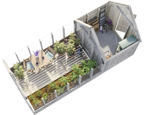 Ansicht von oben eines Gewächshauses mit Tisch, Stühlen, Pflanzen und Gartengeräten