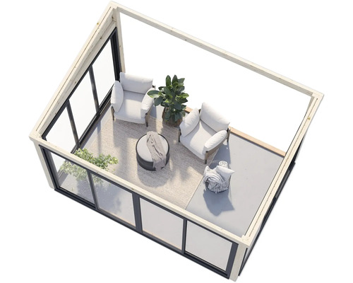 Innenansicht eines Pavillons mit Sitzgruppe, Tisch und Pflanzen