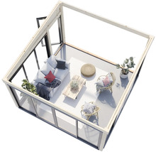 Innenansicht eines modernen Gartenhauses mit Möbeln und Pflanzen