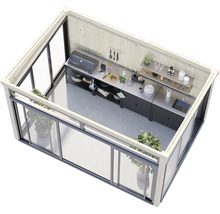 Moderne Gartenküche mit Grill und Spüle in einem Holzhaus mit Glasschiebetüren.