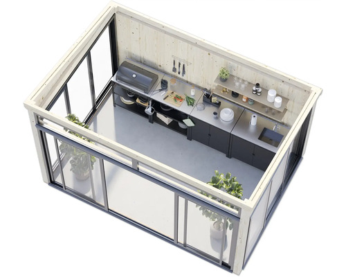 Außenküche in einem Gartenhaus mit Schiebetüren, Grill, Arbeitsplatte und Spüle