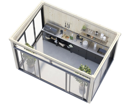 Außenküche mit Grill, Spüle, Arbeitsfläche und Schiebetüren