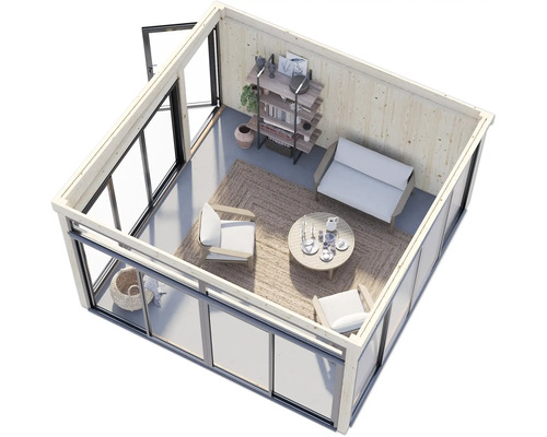 Innenansicht eines modernen Gartenhauses mit Möbeln, darunter Sofa, Sessel und Bücherregal