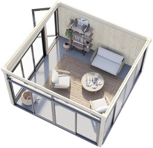 Innenansicht eines modernen Gartenhauses mit Möbeln und großen Fensterflächen