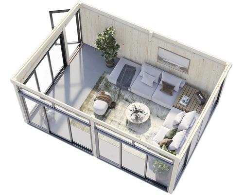 Innenansicht eines Gartenhauses mit Wohnbereich, Sofas und Pflanzen