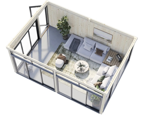 Moderne Gartenlaube mit Wohnbereich, Sitzgelegenheiten und großen Glasfenstern.