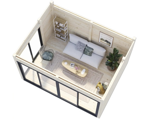 Innenansicht eines Gartenhauses mit Sofa, Tisch, Regalen und Dekoration