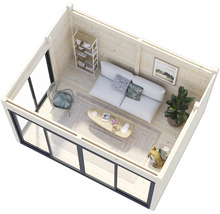 Holzgartenhaus Innenraum mit Sofa, Tisch und Regalen