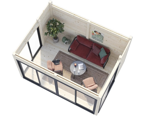 Innenansicht eines modernen Gartenhauses mit Sitzbereich, Sofa und Fenstern