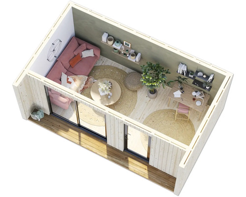 Ansicht eines Gartenhauses mit Wohnbereich und Arbeitsplatz inklusive Möbel