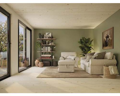 Heller Wohnraum mit Sofa, Sessel, Regal und Zimmerpflanze