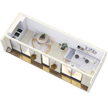 Dachansicht eines modernen Tiny Houses mit Küche, Essbereich und Wohnzimmer