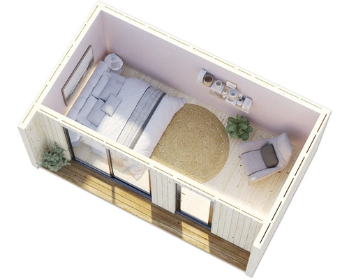 Ansicht von oben eines kleinen Schlafzimmers mit Bett, Sessel und rundem Teppich.