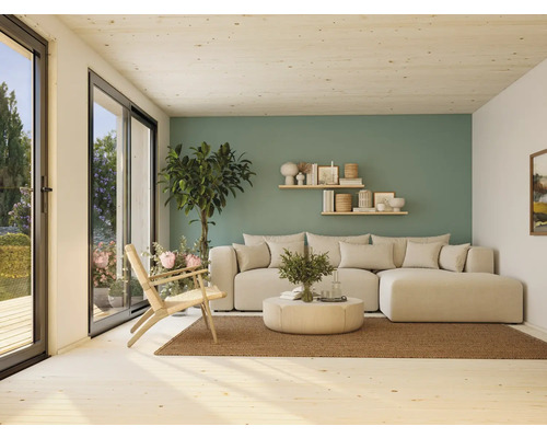 Helles Wohnzimmer mit Sofa, Sessel, Teppich und Dekoration