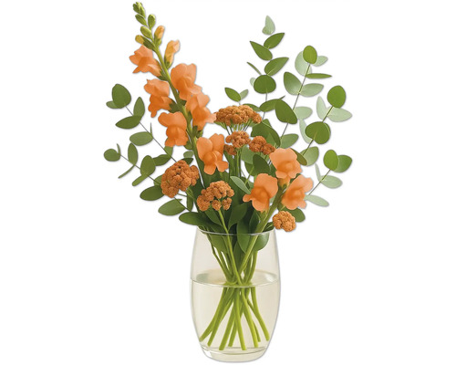 Blumenarrangement mit Löwenmäulchen und Eukalyptus in Glasvase