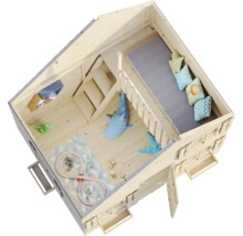 Spielhaus mit Spielzeug und Dekoration von oben