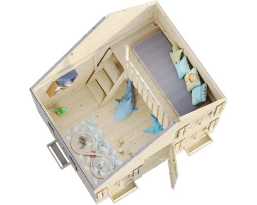 Spielhaus mit Spielzeug und Dekoration von oben