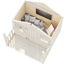 Holzspielhaus mit Veranda, Tafel und Kissen