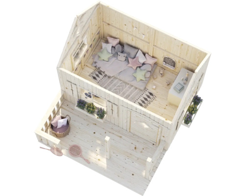 Kinderspielhaus aus Holz mit Dekoration und Spielzeug