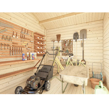 Aufgeräumter Geräteschuppen mit Rasenmäher, Schubkarre und Werkzeugen