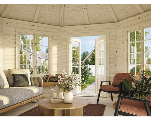 Holzgartenhaus mit Möbeln, Fenstern und Doppeltür