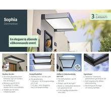 Infografik zum Vordach Sophia mit Details zu Design, Wetterbeständigkeit, 3 Jahren Garantie und integrierter Regenrinne an einem Hauseingang.