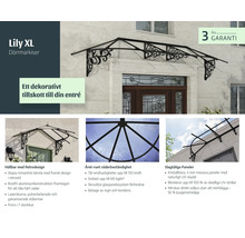 Lily XL Vordach im Retrostil mit schwarzer Aluminiumkonstruktion und klaren Paneelen über einer Eingangstür, inklusive drei Jahre Garantie.
