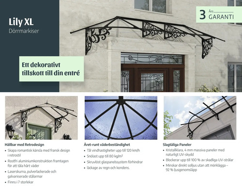 Lily XL Vordach im Retrostil mit schwarzer Aluminiumkonstruktion und klaren Paneelen über einer Eingangstür, inklusive drei Jahre Garantie.
