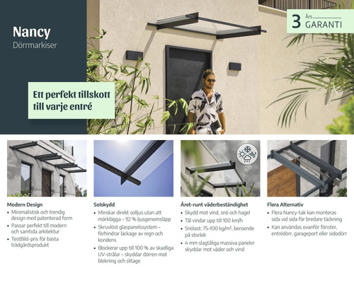 Infografik zur Nancy Türmarkise über einem Hauseingang mit modernem Design, Sonnenschutz, Wetterbeständigkeit und 3 Jahren Garantie.