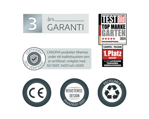 3 Jahre Garantie, Test Bild Auszeichnung Top Marke Garten 2024, ISO-zertifiziert, CE-Kennzeichnung, geschütztes Design und recycelbar.