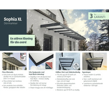Sophia XL Türvordach aus Aluminium und opalweißen Paneelen. Infografik mit Details zu Wetterbeständigkeit, Heat Block Logo und Garantie.
