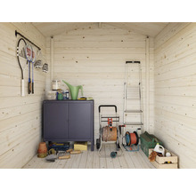 Gartenschuppen Innenraum mit Regalen, Leiter, Gartengeräten und Sportgeräten