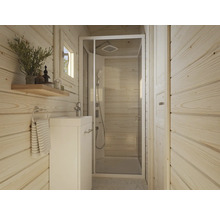 Helles Badezimmer mit Dusche, Waschbecken und Holzverkleidung für ein freundliches Ambiente.