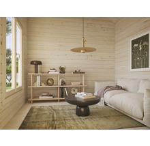 Helle Holzwand-Inneneinrichtung mit Regalen, Sofa, Teppich und Beleuchtung