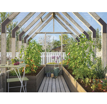 Gewächshaus mit Pflanzen, Tisch und Stühlen für den Gartenanbau