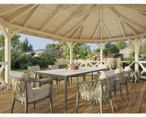 Holzpavillon mit Esstisch, Stühlen und Grill im Garten