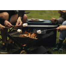 Szene mit Personen, die Marshmallows über einem Lagerfeuer rösten, mit einer Kühlbox und Keksen im Hintergrund.