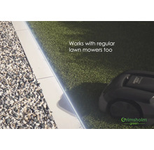 Szene mit Kunstrasen, Kies und Rasenmähroboter