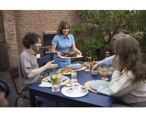 Szene im Freien mit einer Gruppe von Personen, die um einen Esstisch sitzen, auf dem Speisen und Getränke stehen, während eine Person ein Tablett mit Fleisch vom Grill serviert.