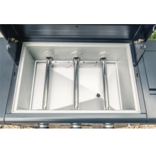 Innenansicht eines Gasgrills mit drei Brennern.