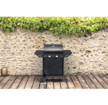 CampinGaz Gasgrill mit zwei Brennern und Seitentischen vor Steinmauer