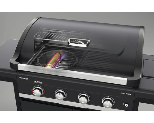 Gasgrill mit offener Haube und Temperaturanzeige