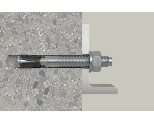 Bolzenanker in Betonwand mit L-förmiger Metallhalterung