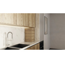 Moderne Küche mit Spüle, Wasserhahn, Arbeitsplatte und Holzschrank