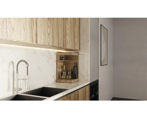 Küchenszene mit Spüle, Wasserhahn, Hängeschränken und Regal