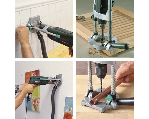 Mehrfachansicht einer Bohrmaschine mit Bohrstaubabsaugung und Bohrständern im Einsatz.