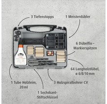 Dübel-Set mit Holzdübeln, Holzleim, Tiefenstopps, Holzbohrern, Dübelfix Markierspitzen und Sechskant-Stiftschlüssel im Koffer