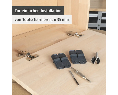 Werkzeug zur einfachen Installation von Topfscharnieren mit 35 Millimeter Durchmesser.